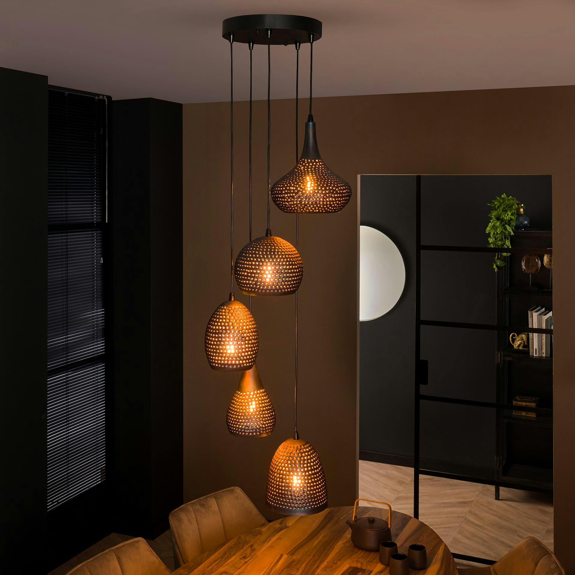 Suspension multiple verticale 5 lampes en métal brun sombre JAVA