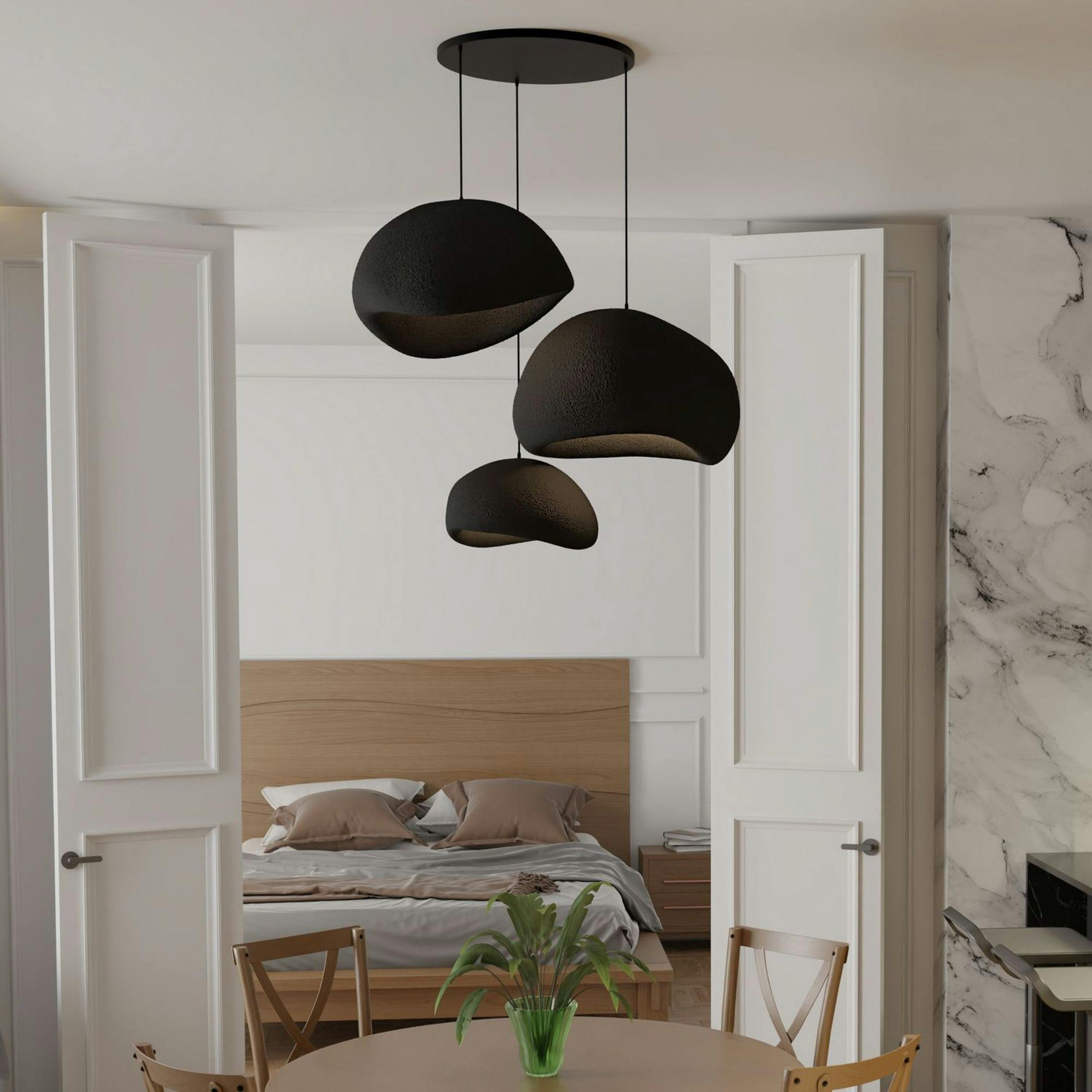 Suspension noire design organique 3 abat-jour H.28 cm NOXIS