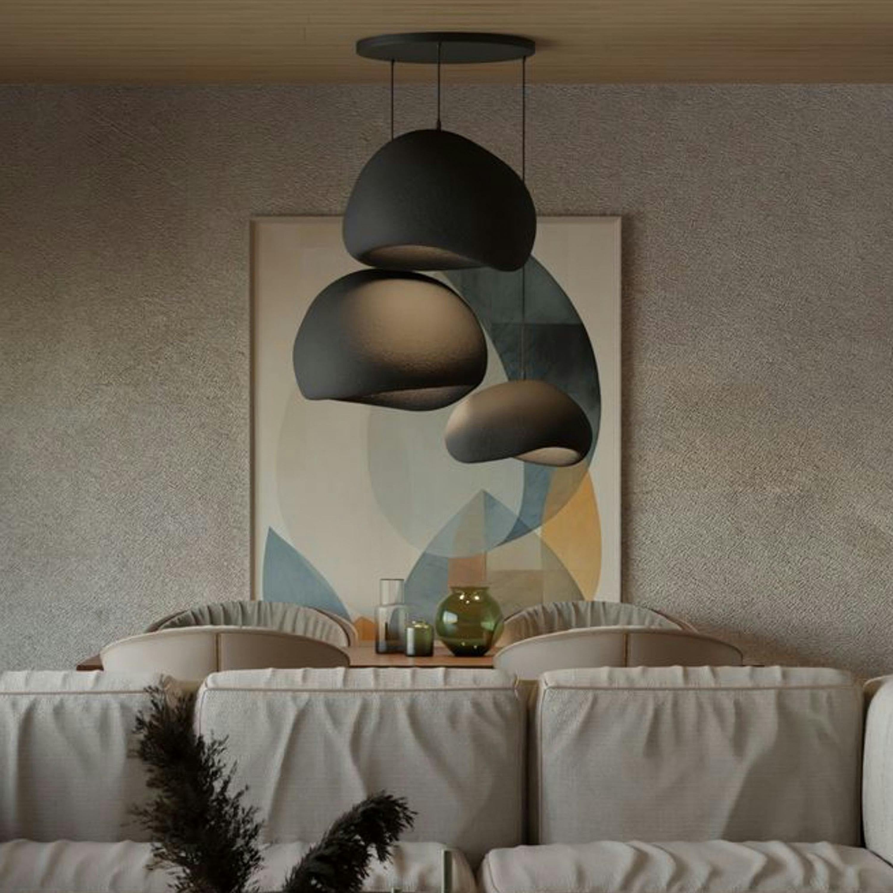 Suspension noire moderne 3 abat-jour organiques 76 cm NOXIS