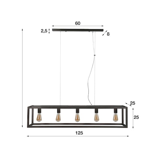 Suspension rectangulaire métal 5 lampes 125x25x150cm RALF