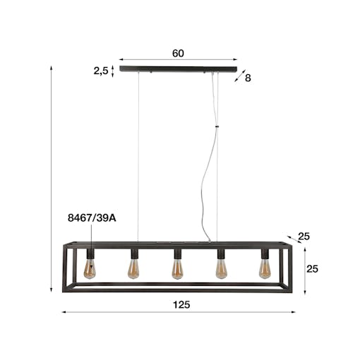 Suspension rectangulaire métal 5 lampes 125x25x150cm RALF