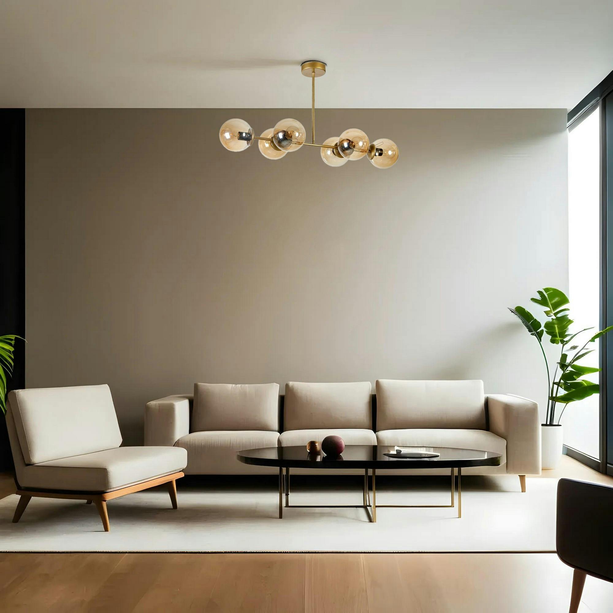 Suspension salle à manger vintage, 6 globes ambrés SIERRE