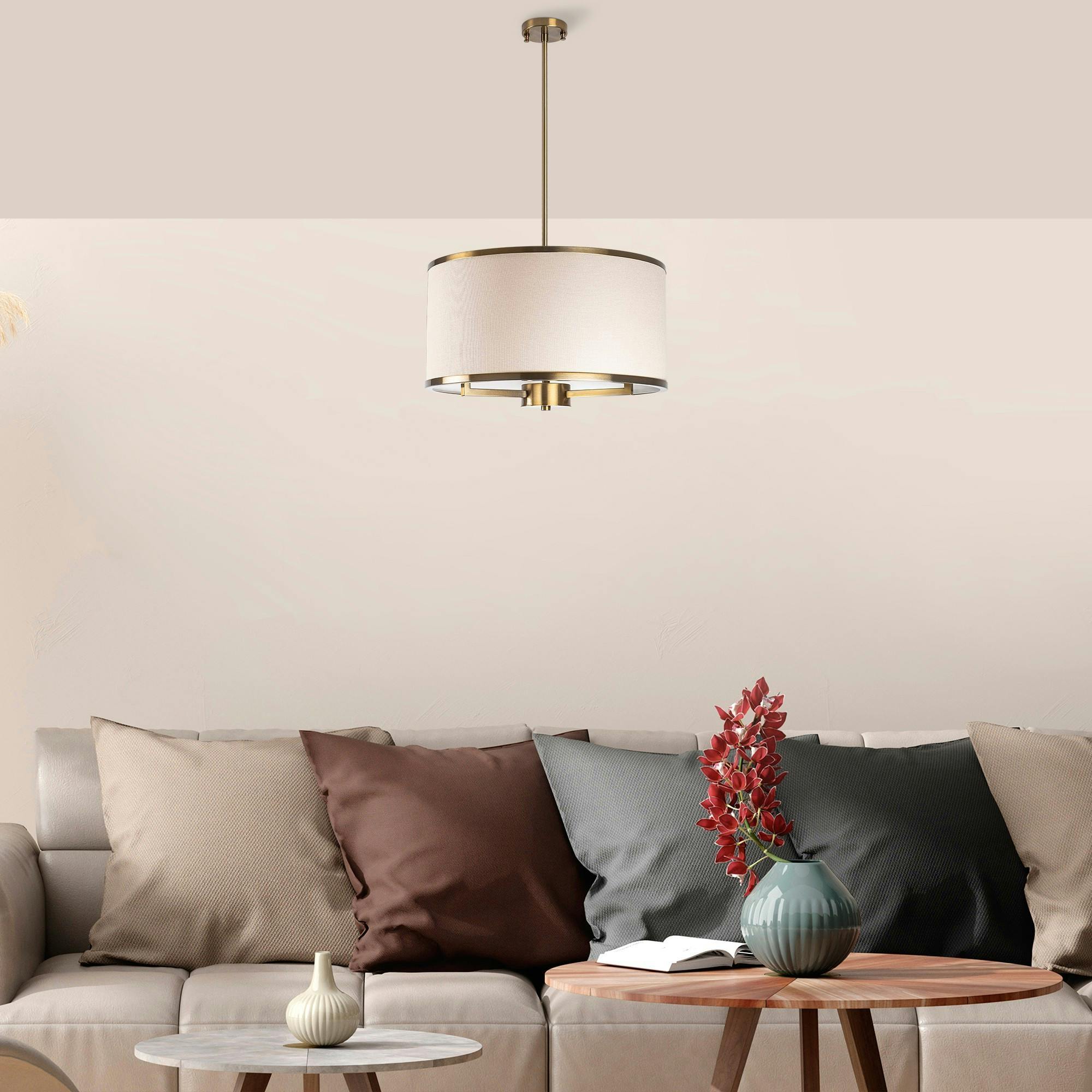 Suspension salon en tissu – abat-jour écru et or ZURICH