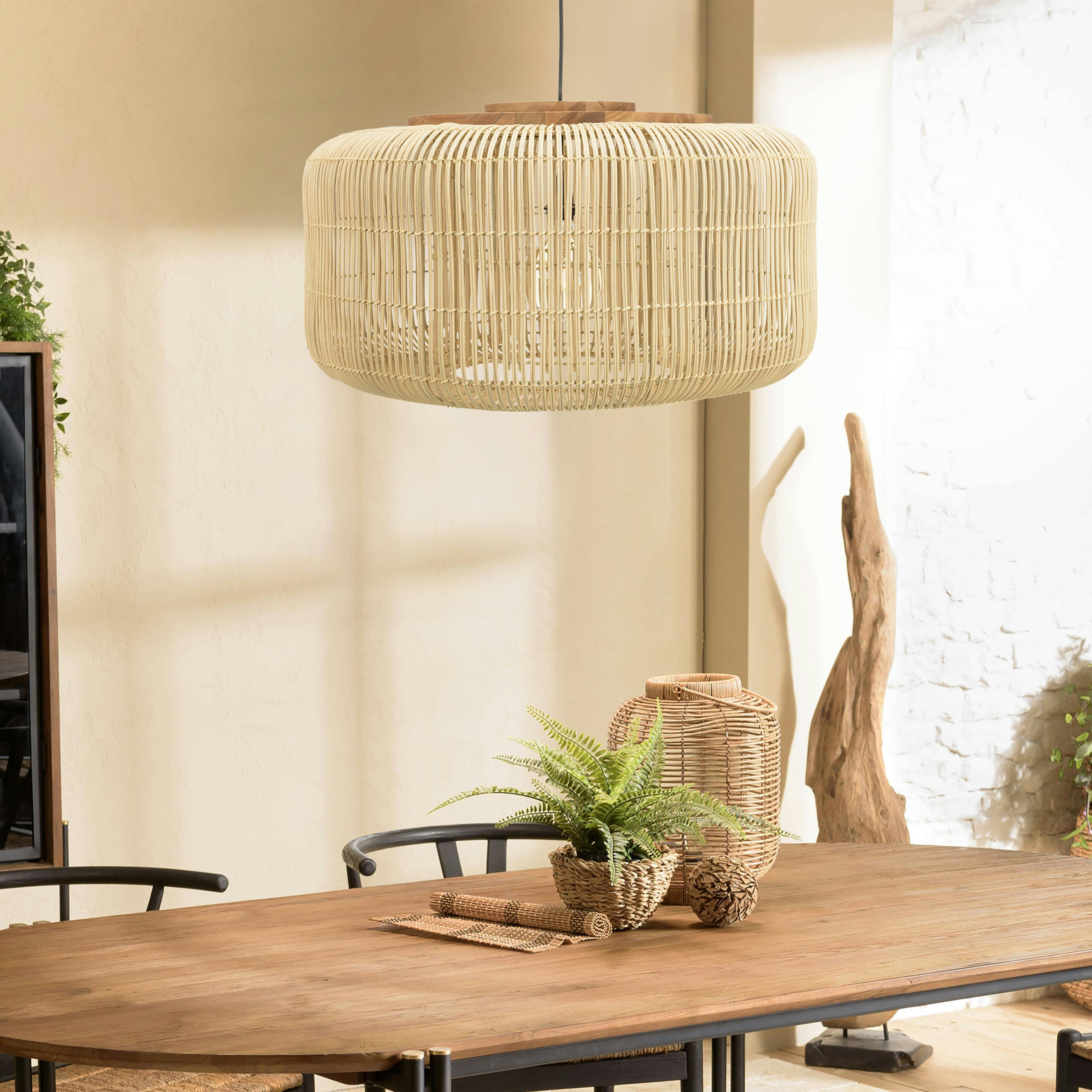 Suspension seau 76x76cm en rotin couleur naturelle et teck FOLELLI