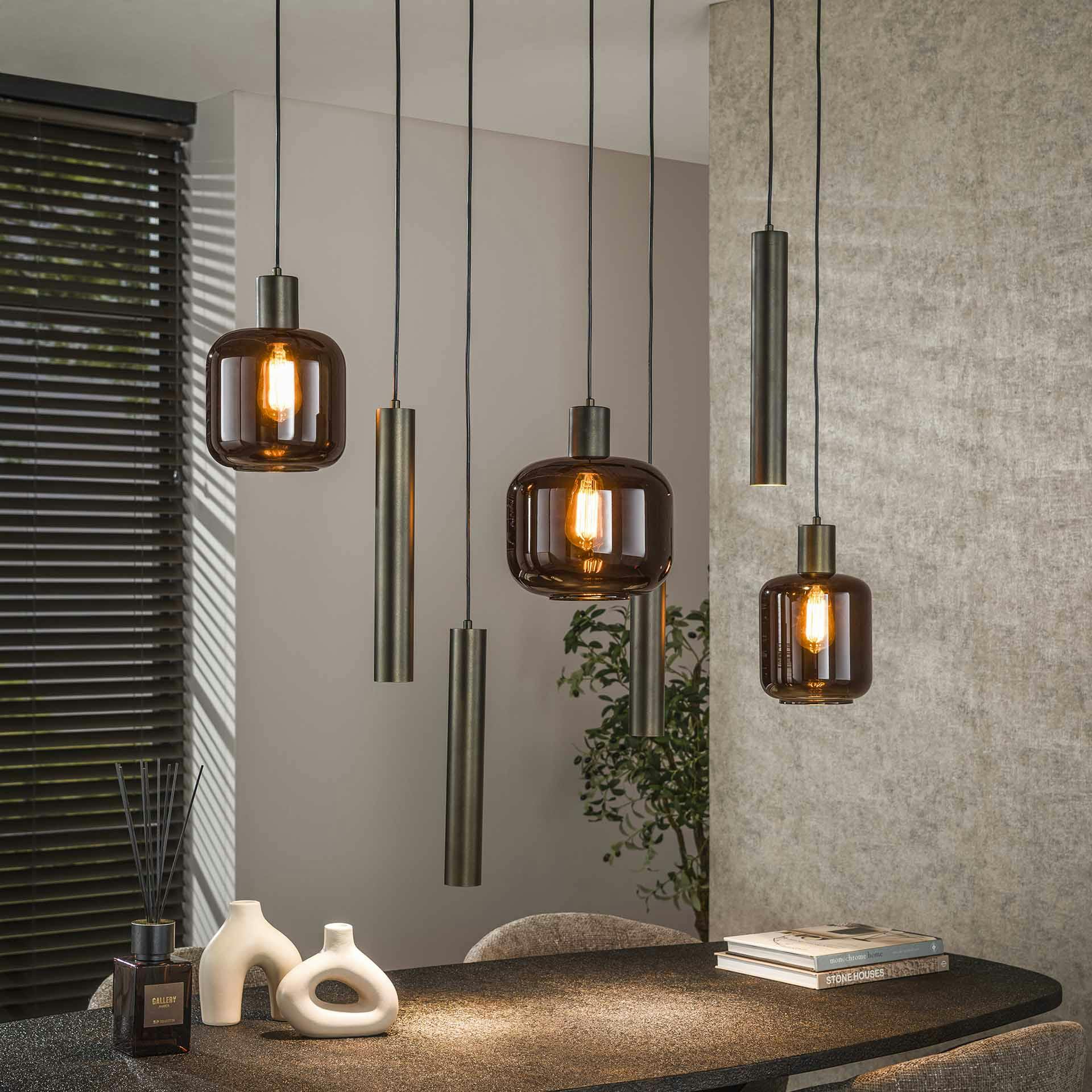 Suspension verre & métal – globes bruns + tubes bronze NOVA