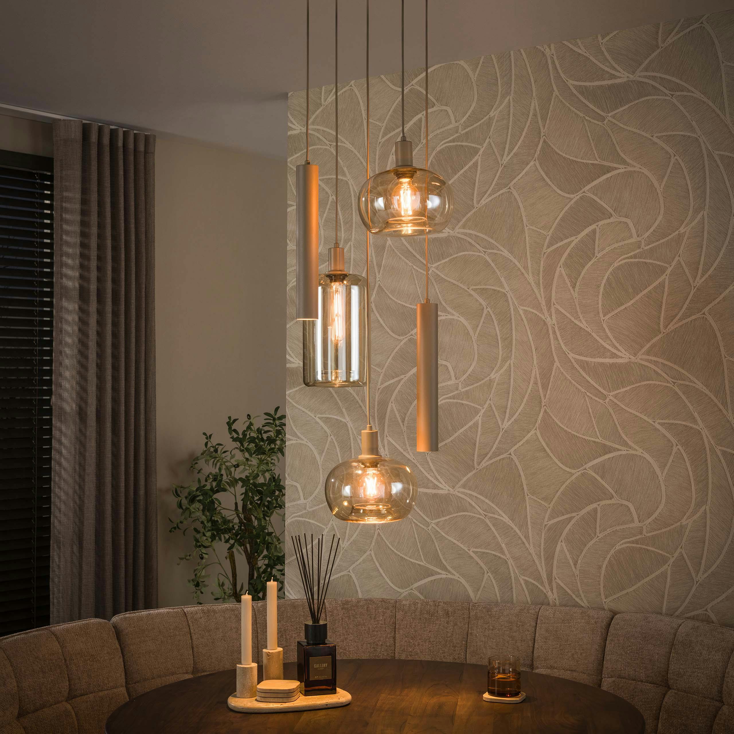Suspension verticale 5 lampes verre ambré métal beige NIAGARA