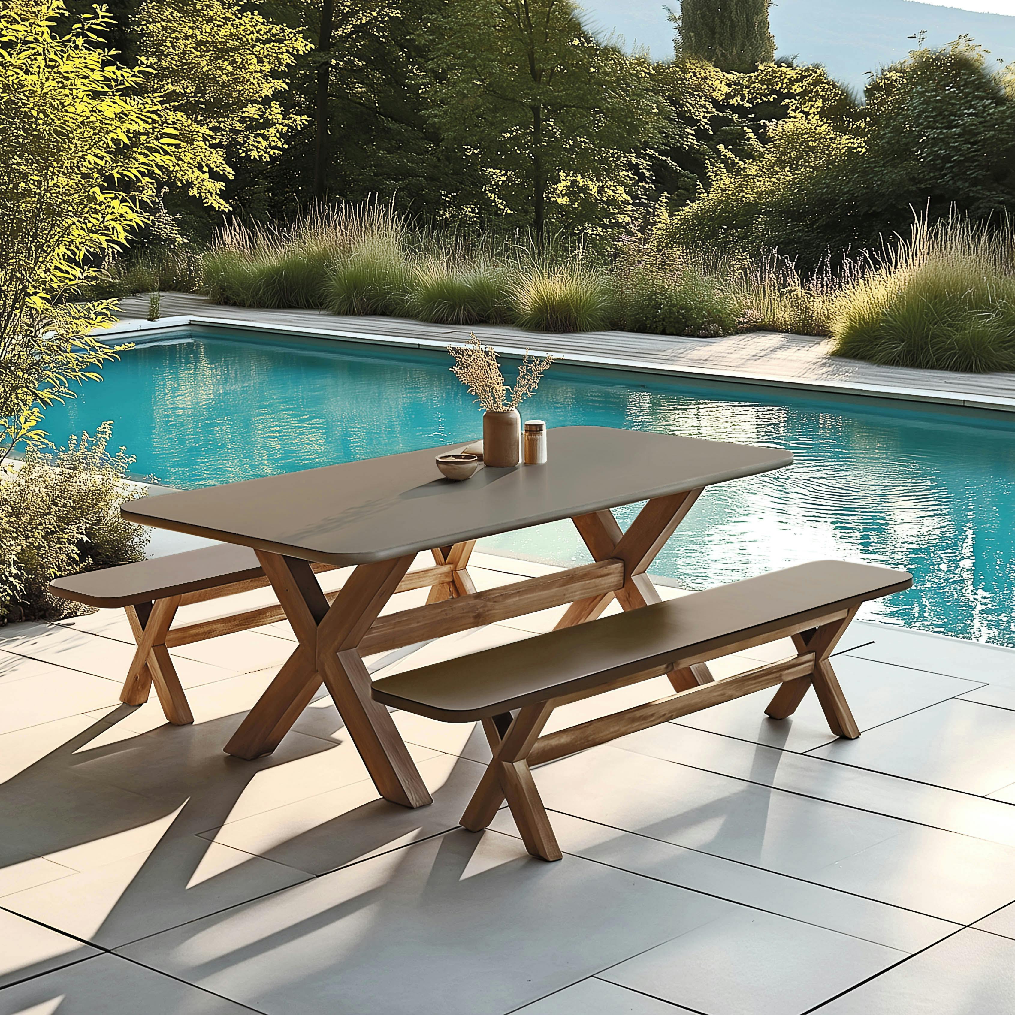 Table à manger 200 cm effet béton marron pied en bois d'acacia CALVI