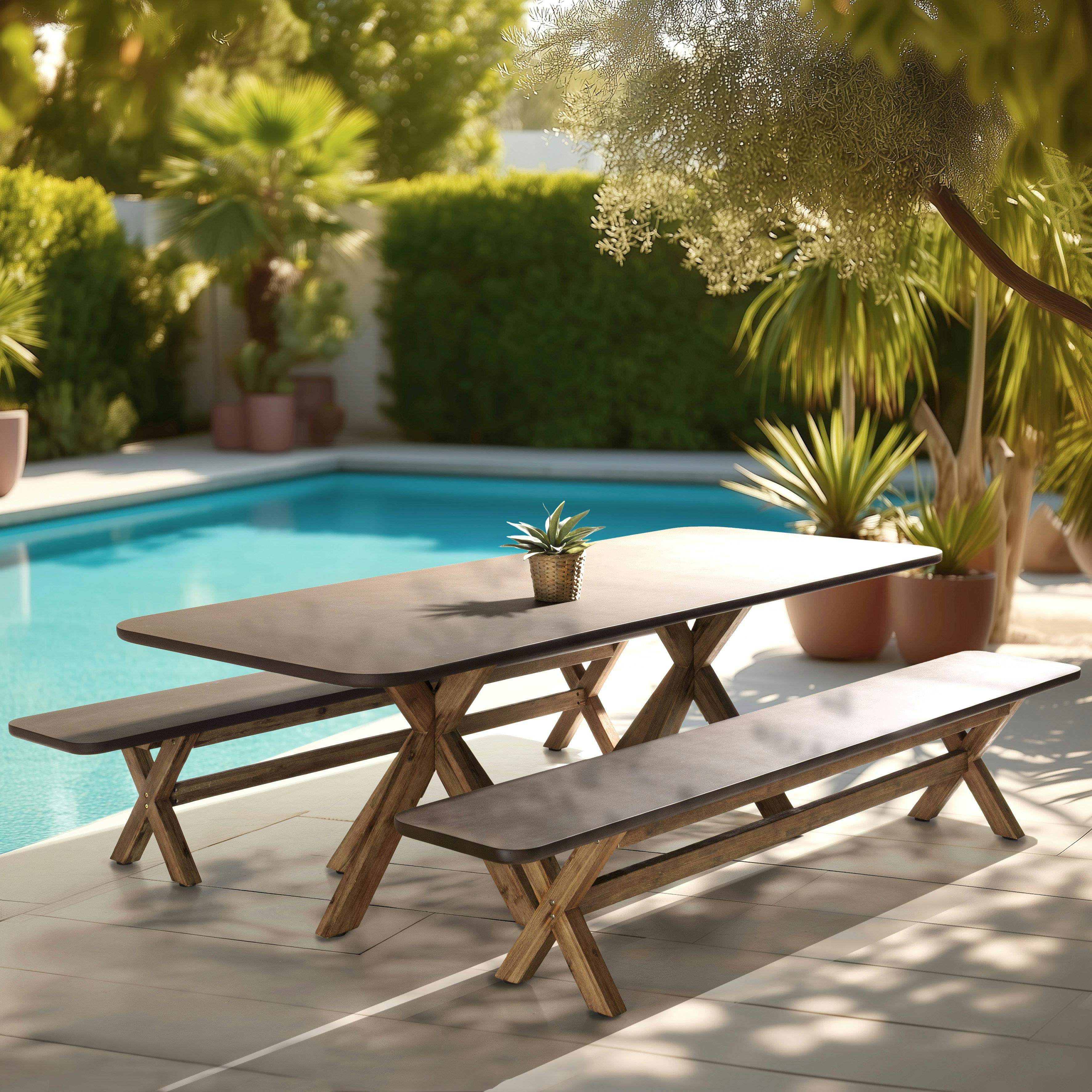 Table à manger 240 cm effet béton marron pieds en bois d'acacia CALVI