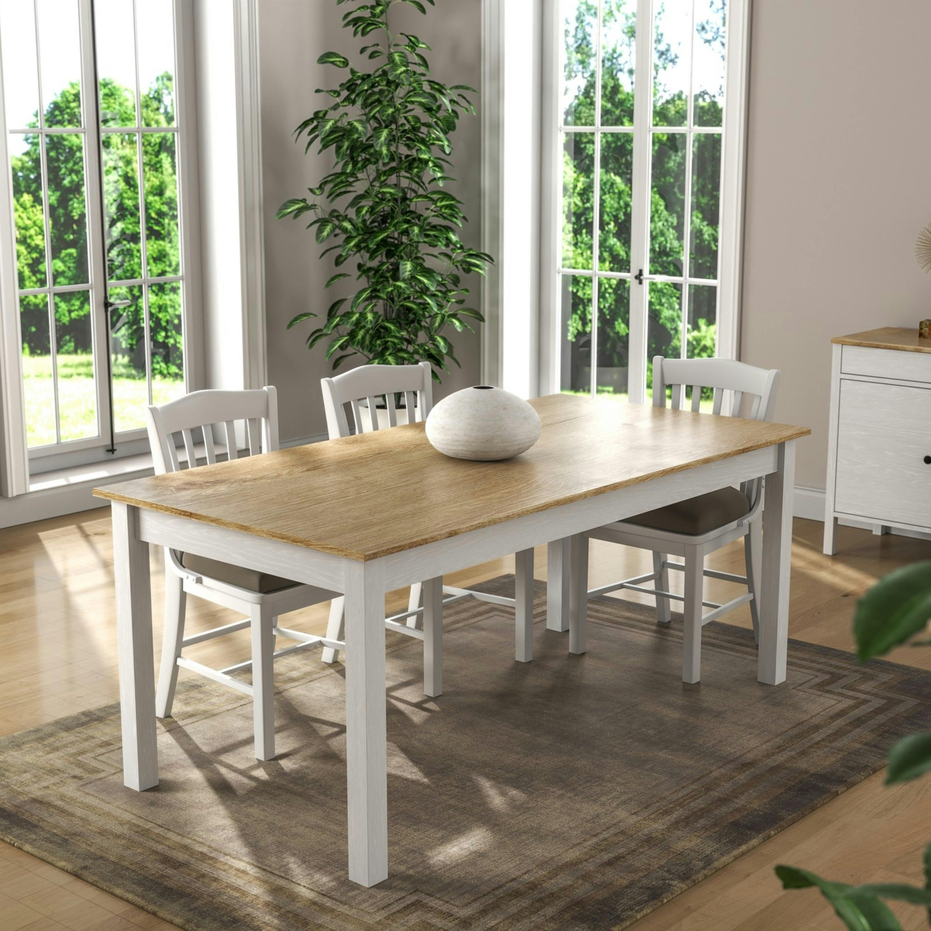 Table à manger blanche, plateau effet bois clair 180 cm CALMA