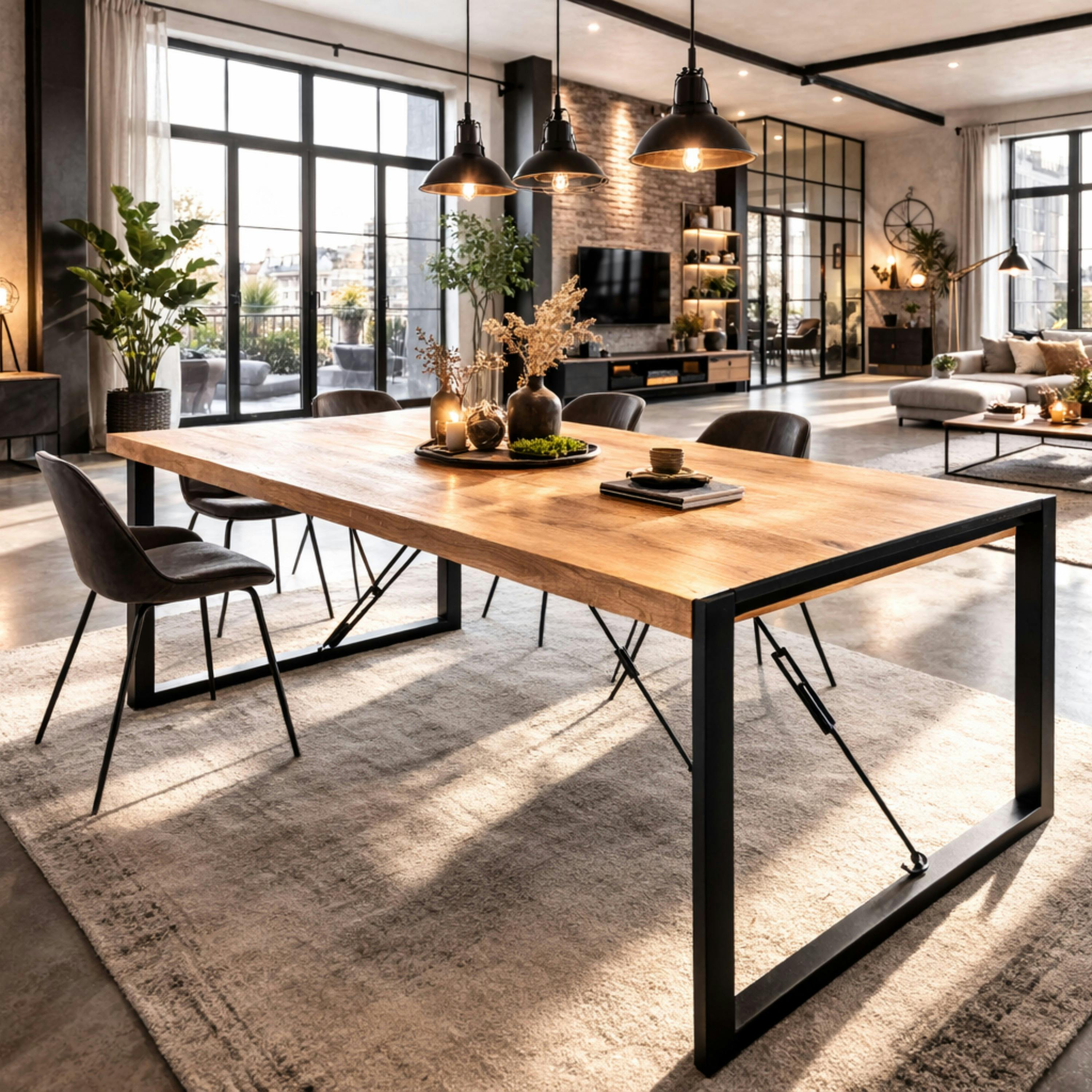 Table à manger bois clair à tendeurs noirs 200 cm MILORA