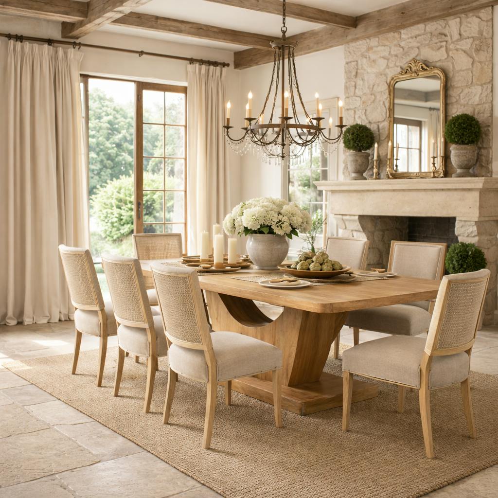 Table à manger bois clair pied central ouvert 240 cm ARCANA