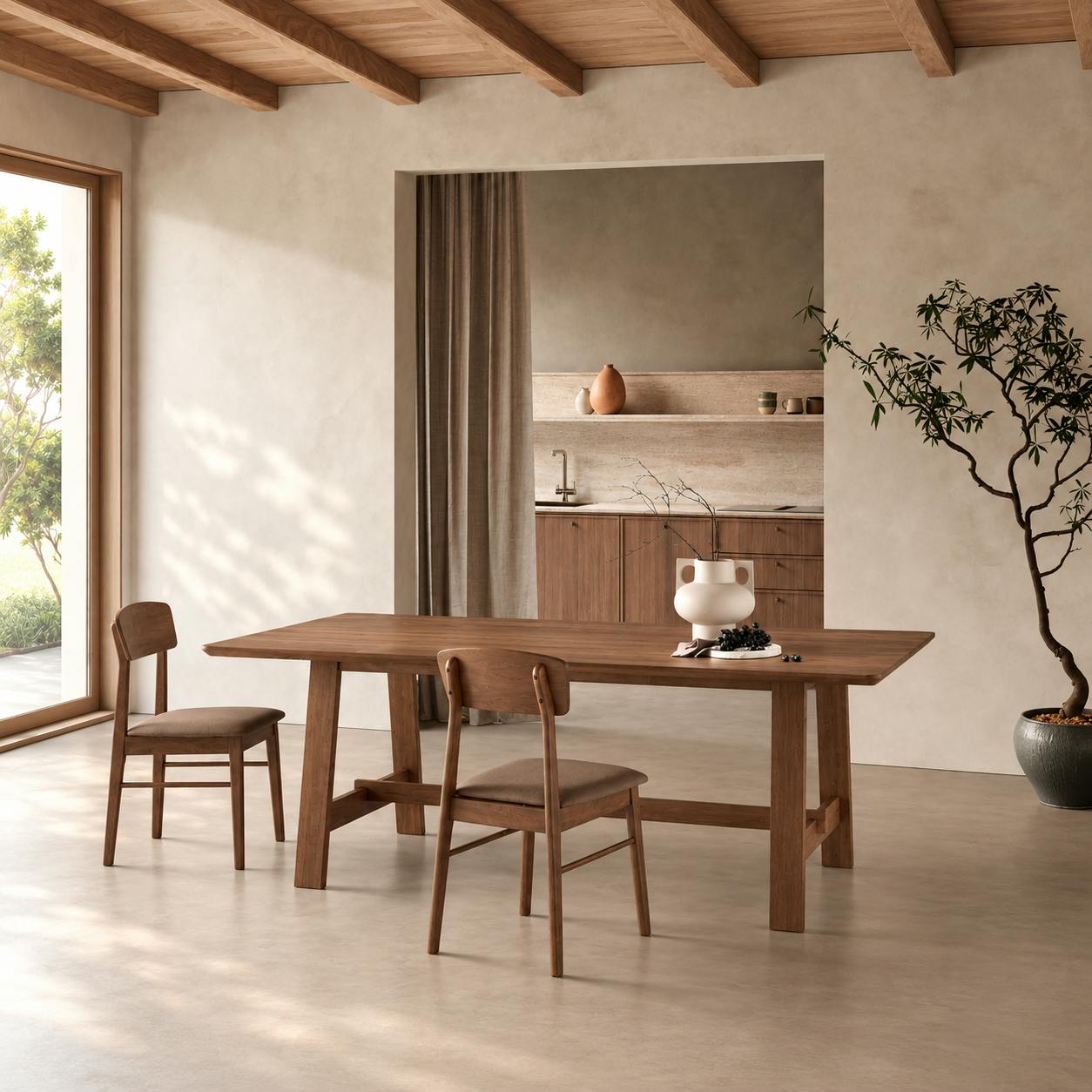 Table à manger bois décor noyer et pieds tréteaux 220 cm ORBE