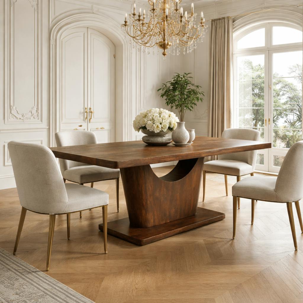 Table à manger bois foncé pied central ouvert 240 cm ARCANA