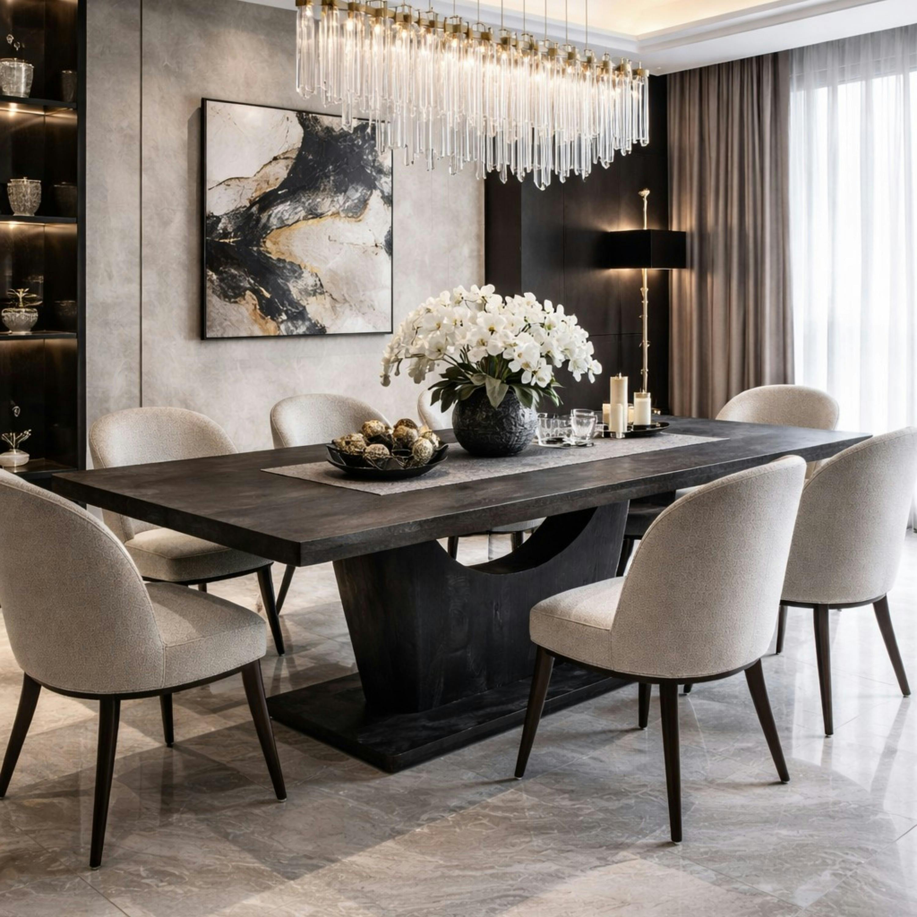 Table à manger bois noir pied central ouvert 200 cm ARCANA