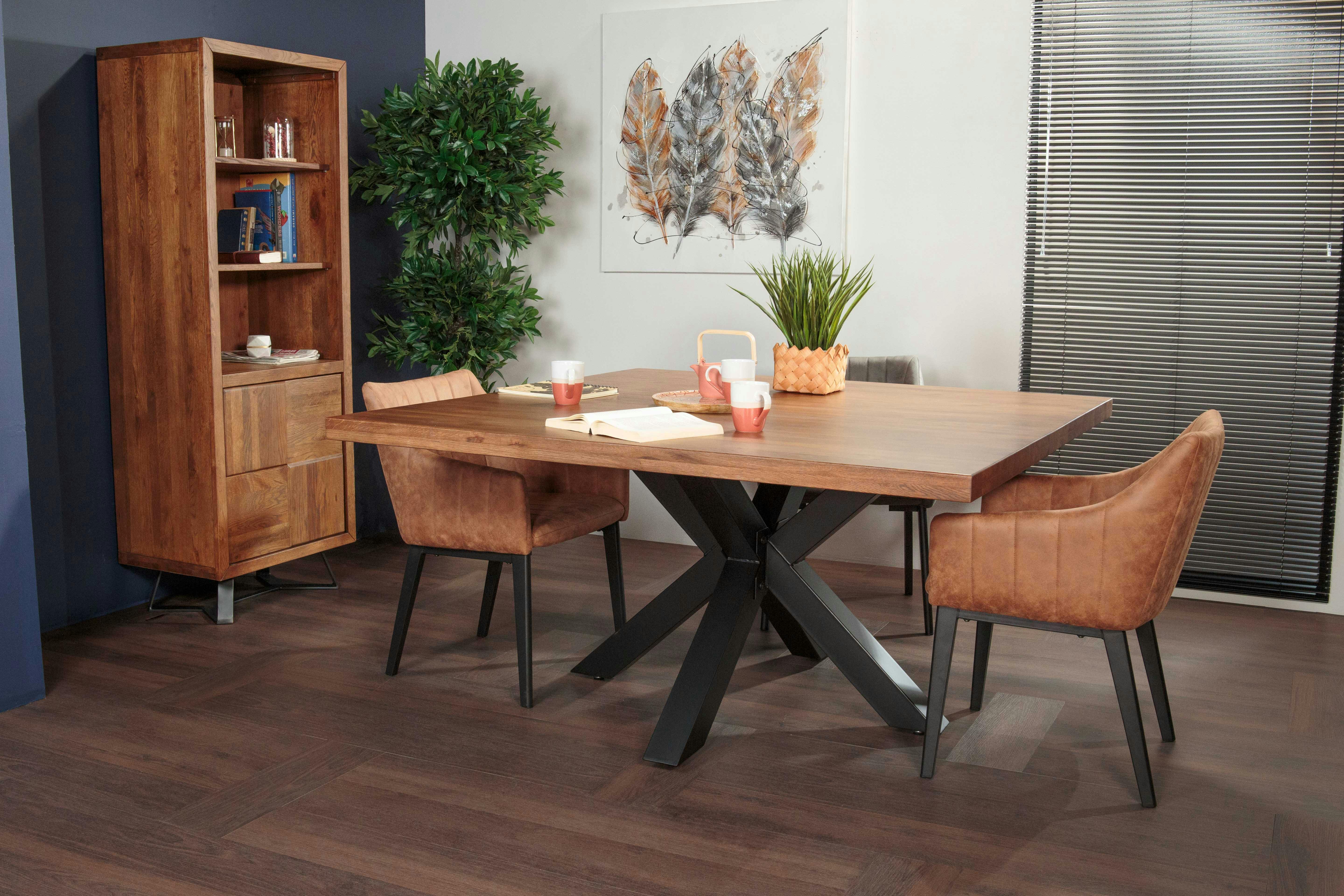 Table à manger carrée chêne métal pied croisé 150 cm OKA