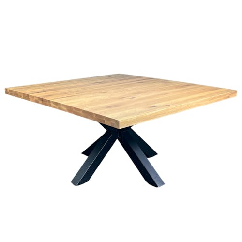 Table de repas carree bois massif pied central metal style contemporain