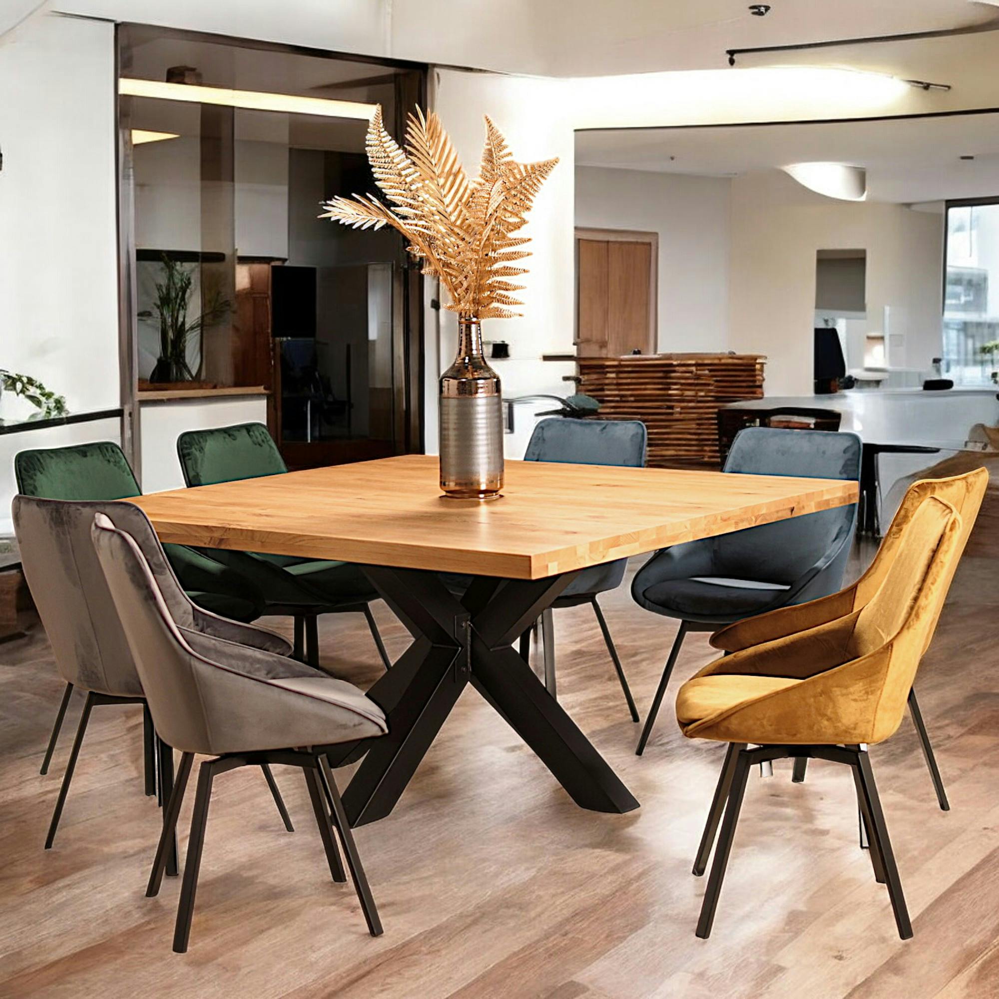 Table de repas carree bois massif pied central metal style contemporain