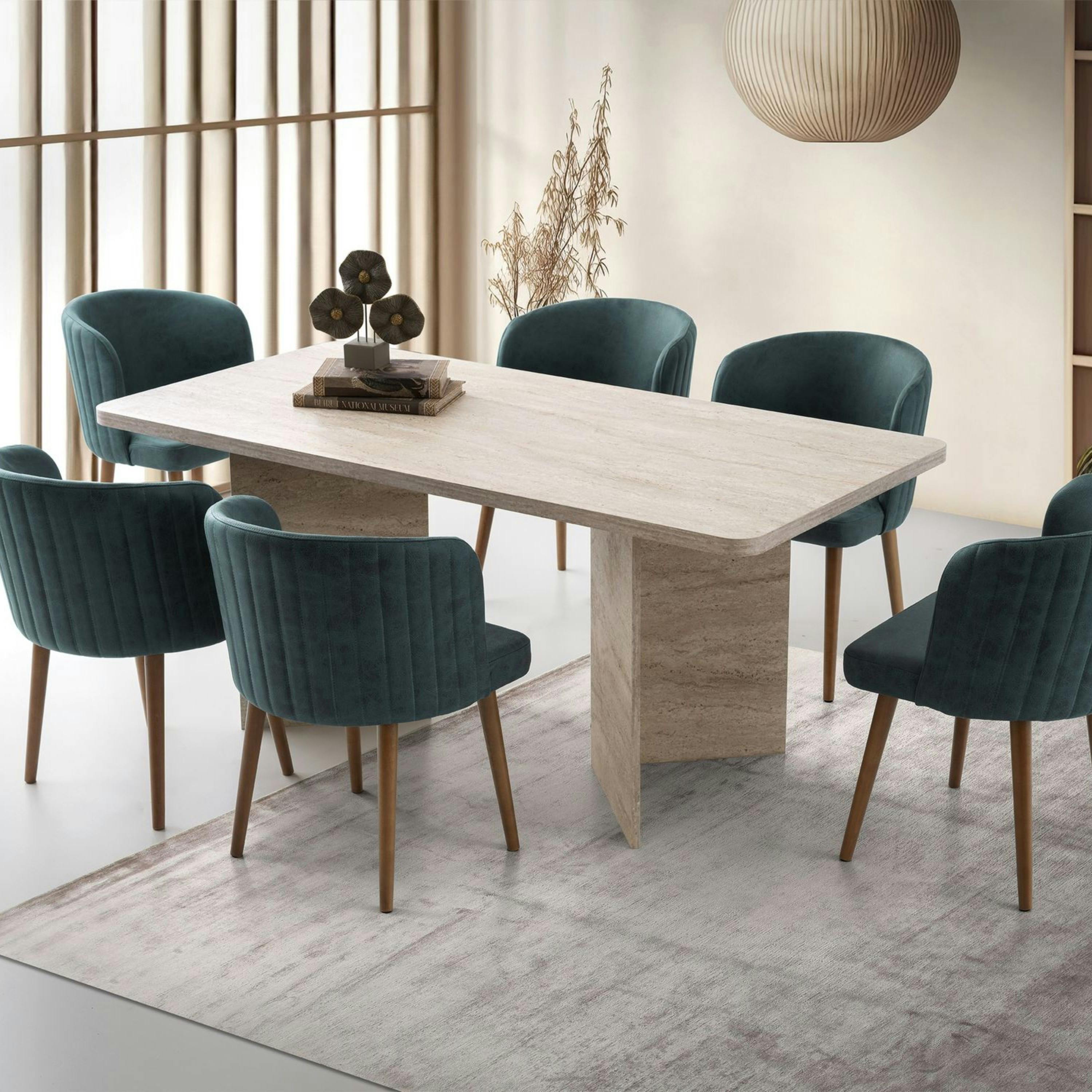 Table à manger design effet travertin pieds V 180 cm MARFA