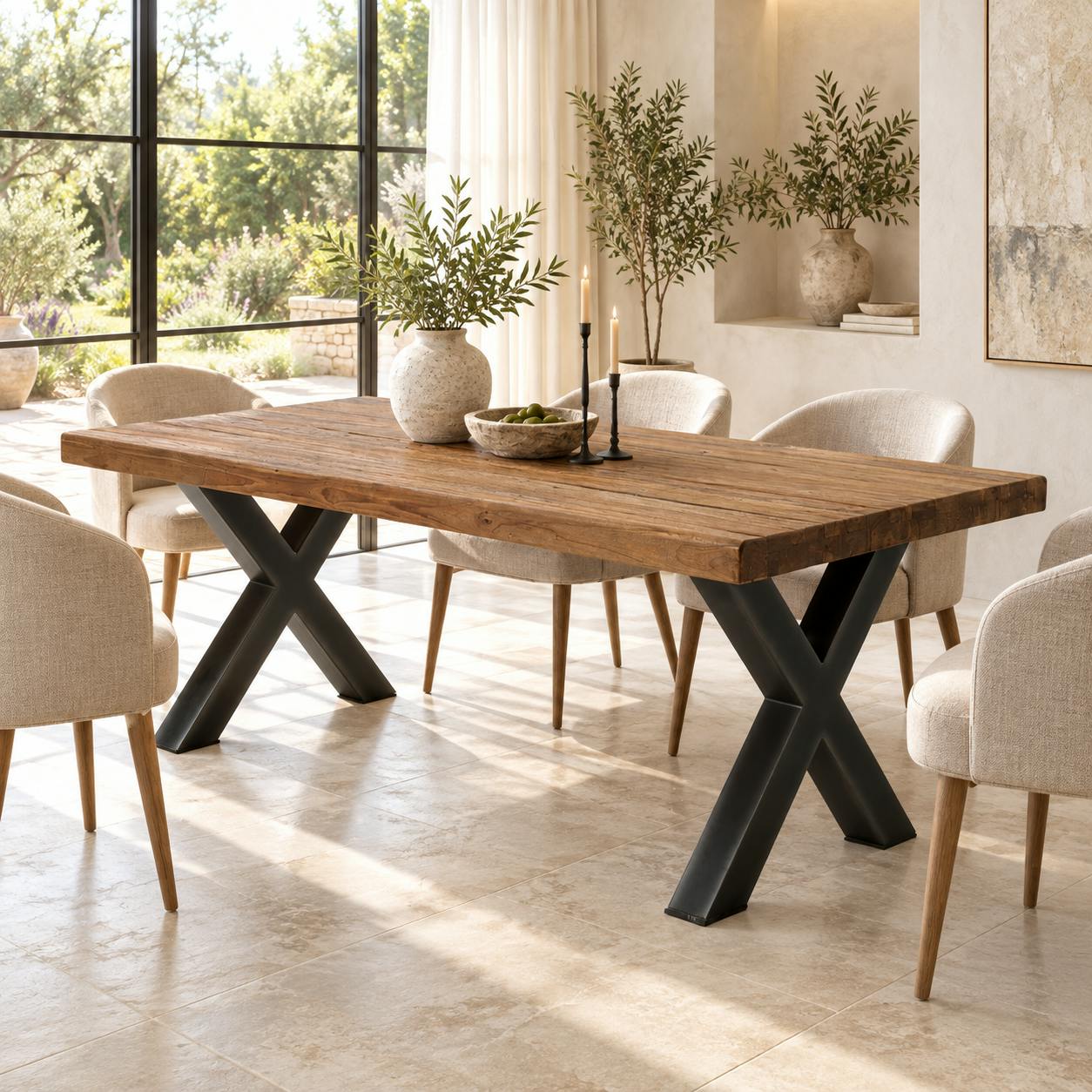 Table a manger bois recycle et pieds metal en croix