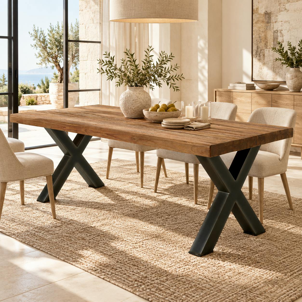 Table a manger bois recycle et pieds metal en croix