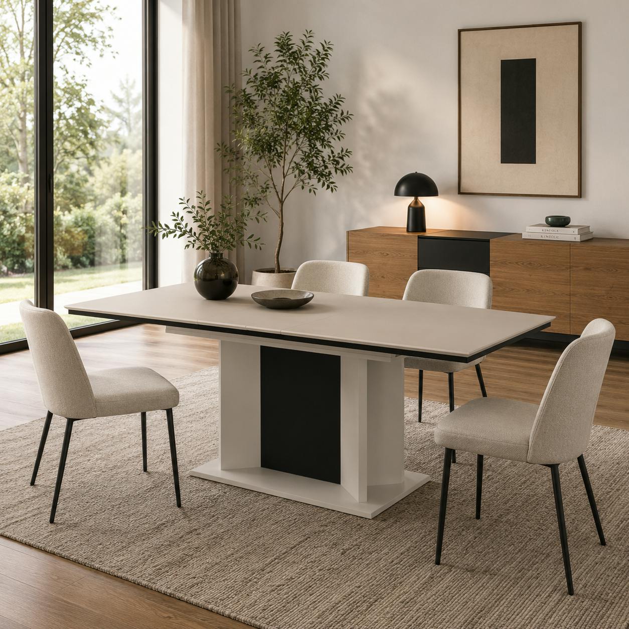 Table à manger extensible beige à pied central 160-200 cm ALVA