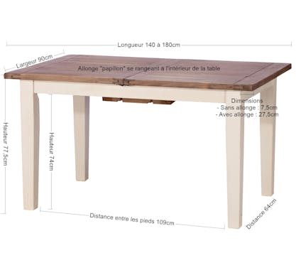 Table de repas rectangulaire extensible bois recycle FSC blanc