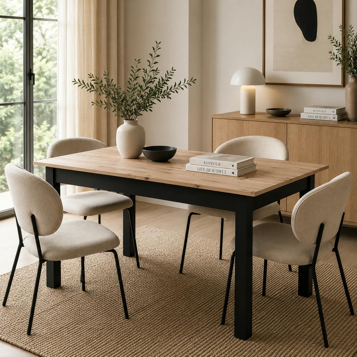 Table à manger extensible noire et effet bois 120-160 cm ALVA