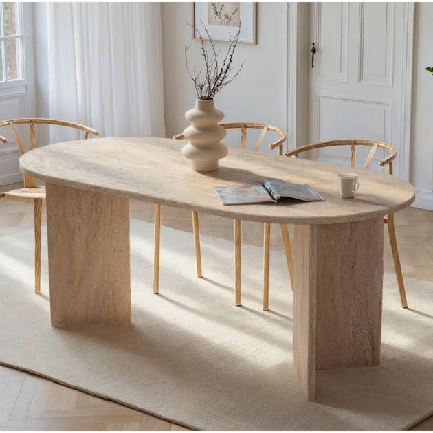 Table à manger moderne effet travertin pieds en V 180 cm MARFA | Tables