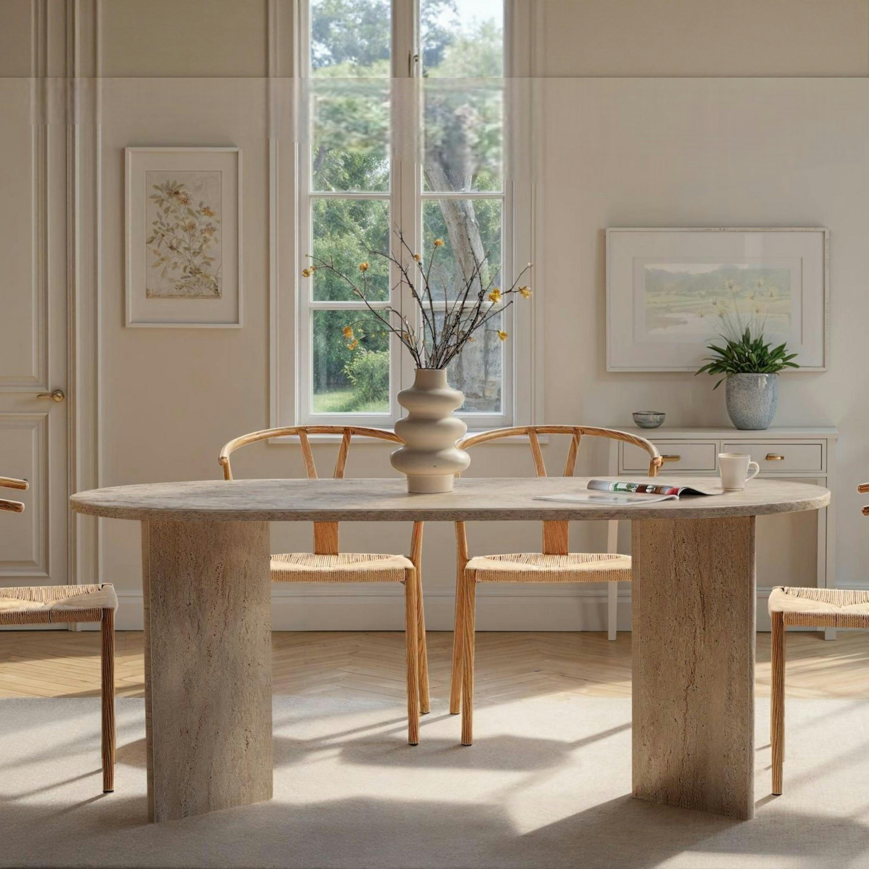 Table à manger moderne effet travertin pieds en V 180 cm MARFA