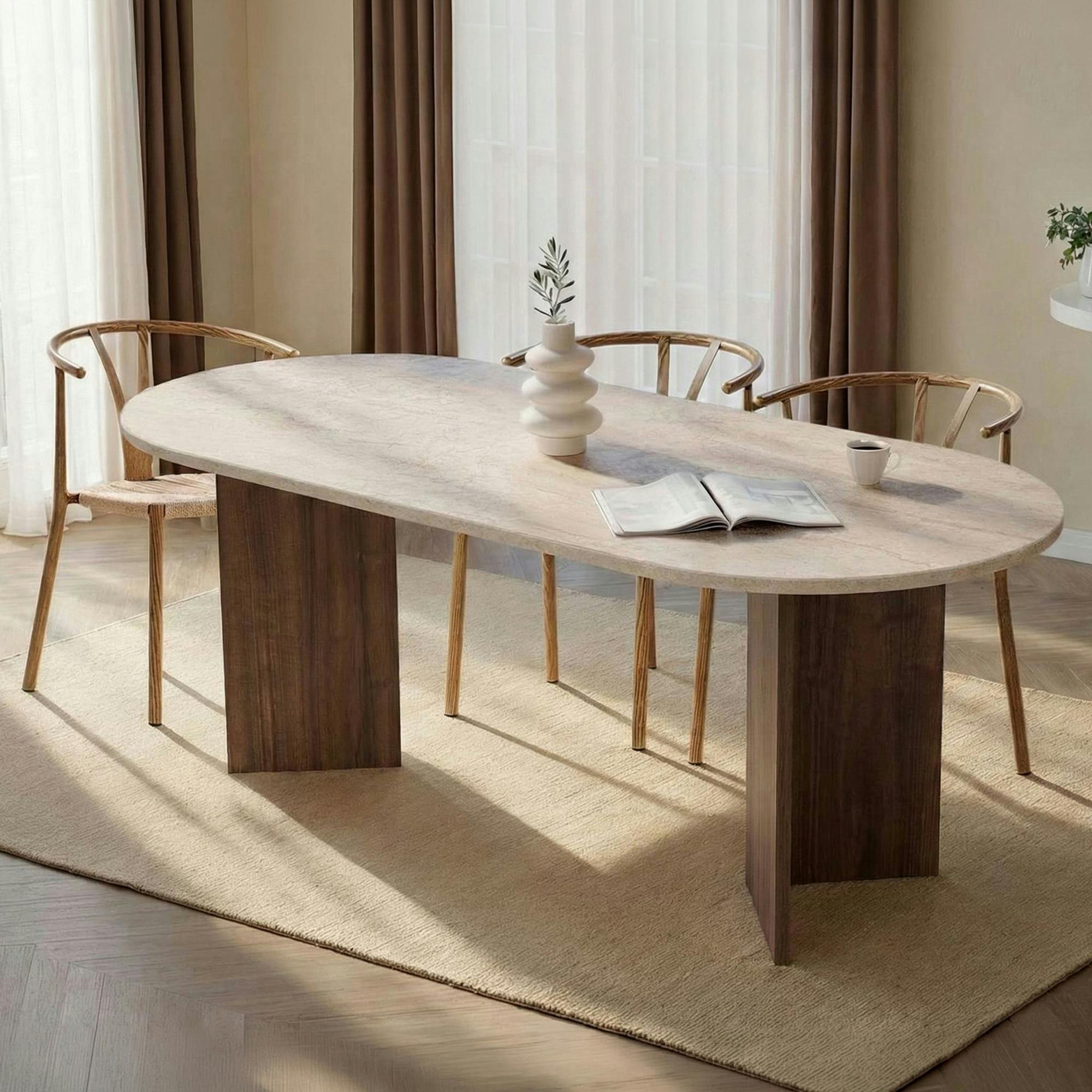 Table à manger ovale décor travertin et noyer 200 cm MARFA