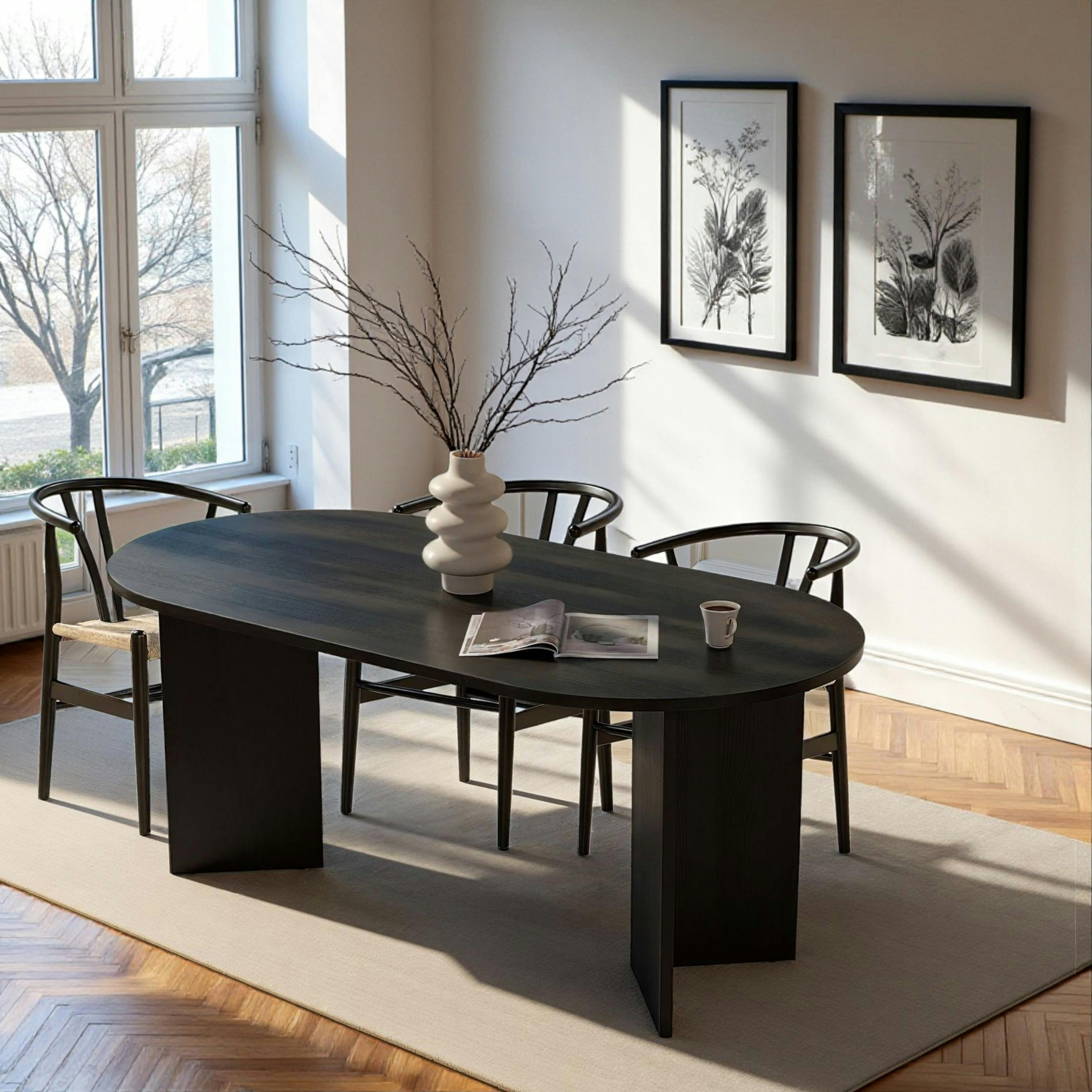 Table à manger ovale effet bois noir pieds en V 200 cm MARFA