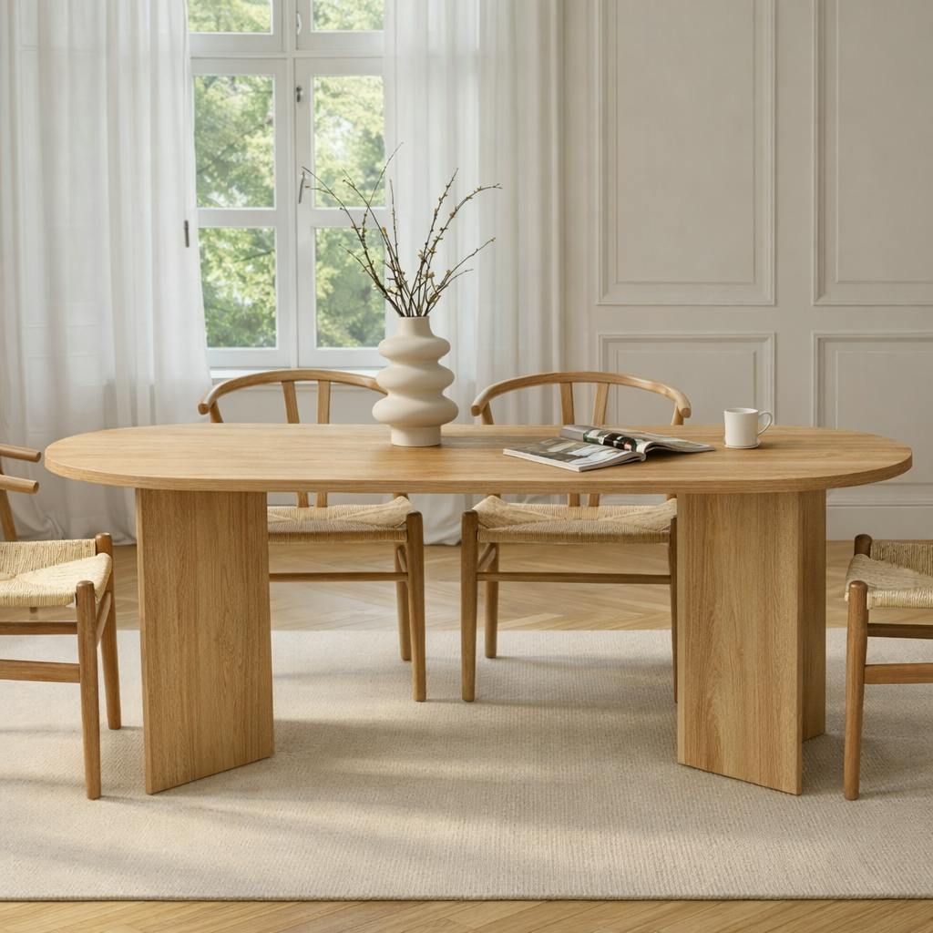 Table à manger ovale effet chêne pieds en V 180 cm MARFA