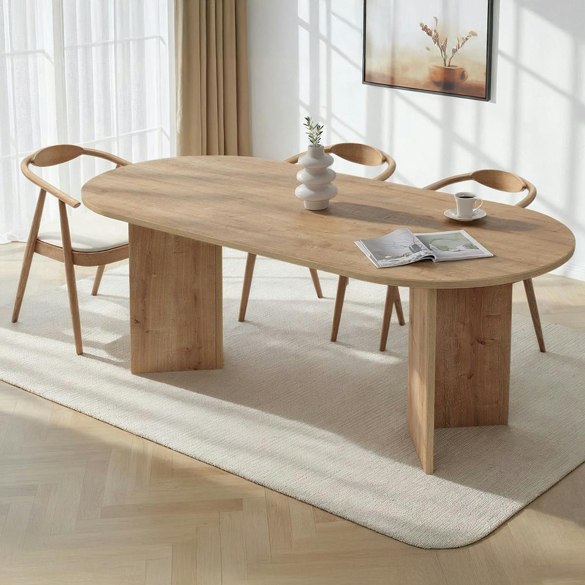 Table à manger ovale effet chêne pieds en V 200 cm MARFA