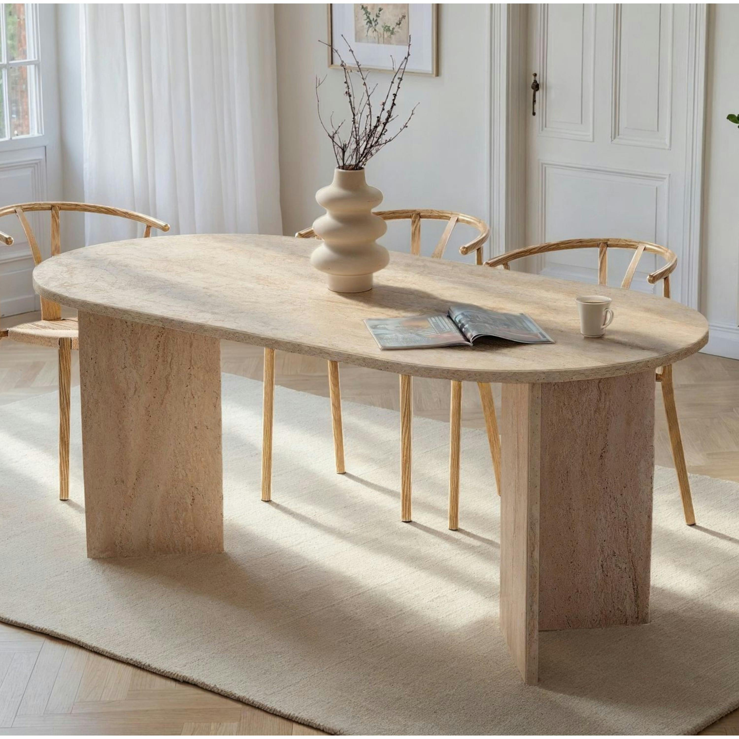 Table à manger ovale effet travertin pieds en V 200 cm MARFA