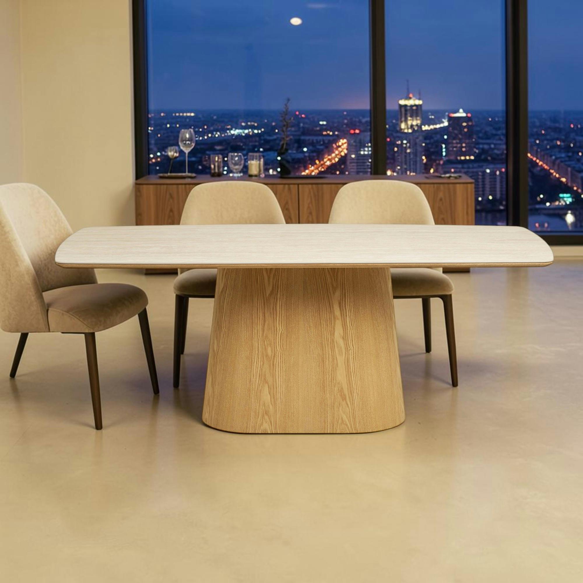 Table à manger plateau céramique aspect travertin 200 cm, pied bois clair PRATO