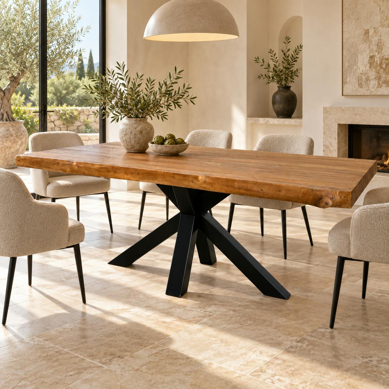 Table de repas bois teck massif pied central mikado style contemporain