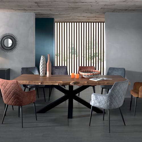 Table de repas rectangulaire bois teck massif pied central metal style contemporain