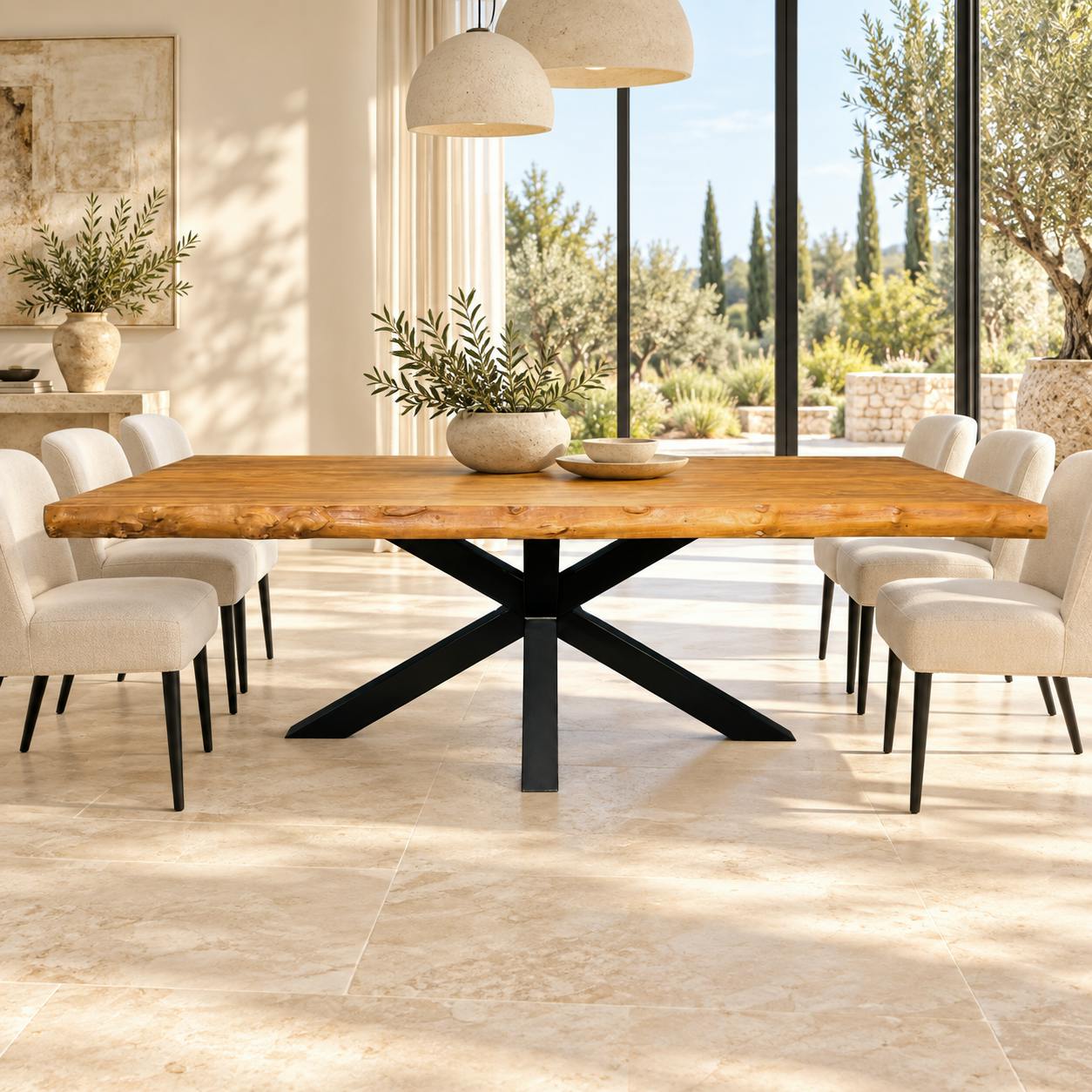 Table de repas rectangulaire bois teck massif pied central metal style contemporain