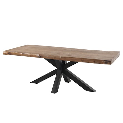 Table a manger bois teck massif pied central metal croise style contemporain