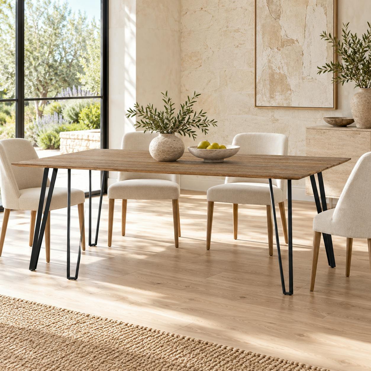 Table de repas bois pieds epingle metal de style contemporain
