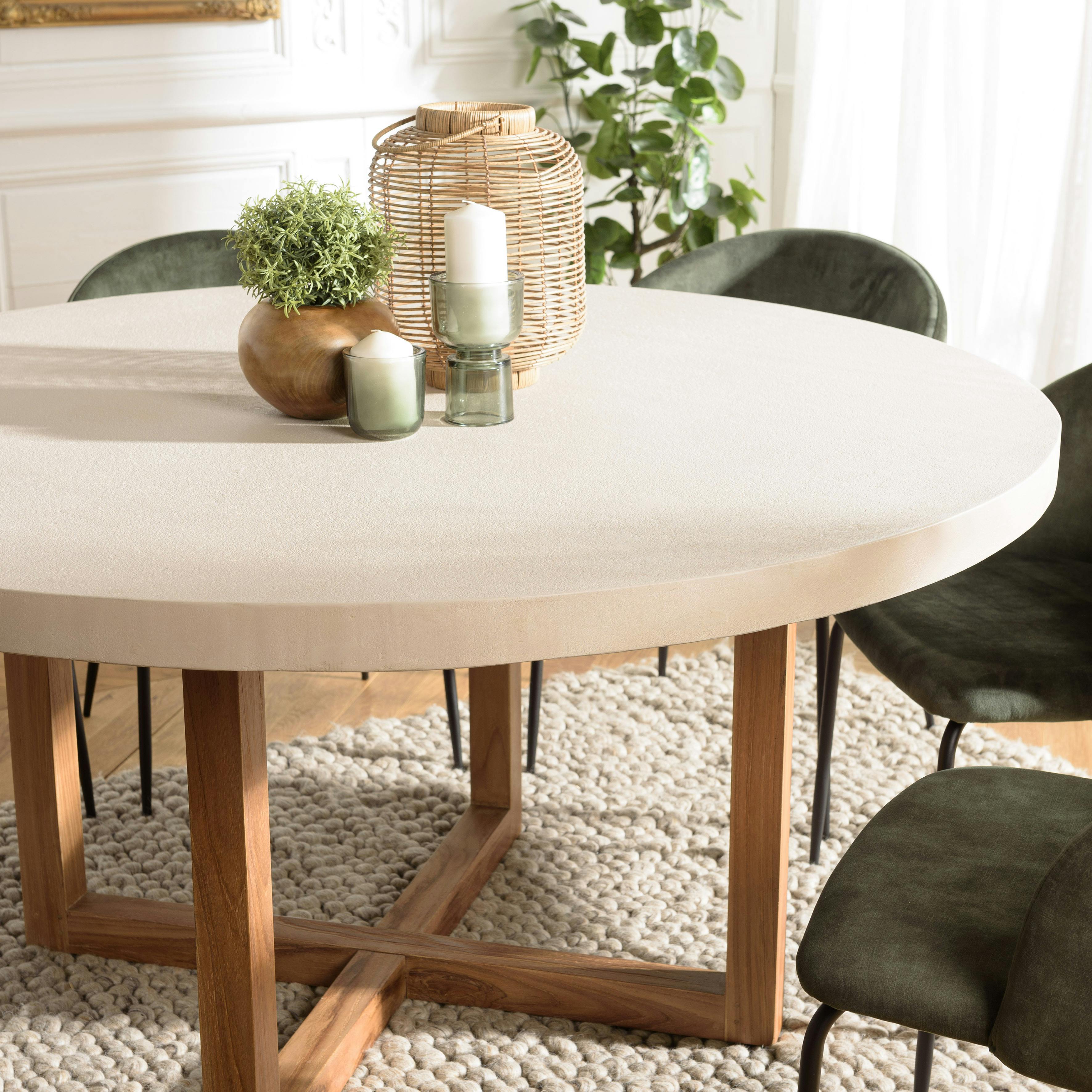 Table à manger ronde béton beige pieds bois croisés DIKA