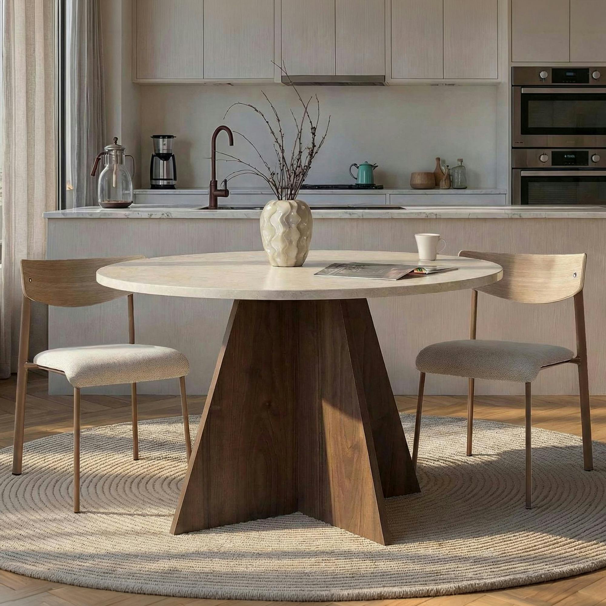 Table à manger ronde décor travertin et noyer Ø120 cm MARFA
