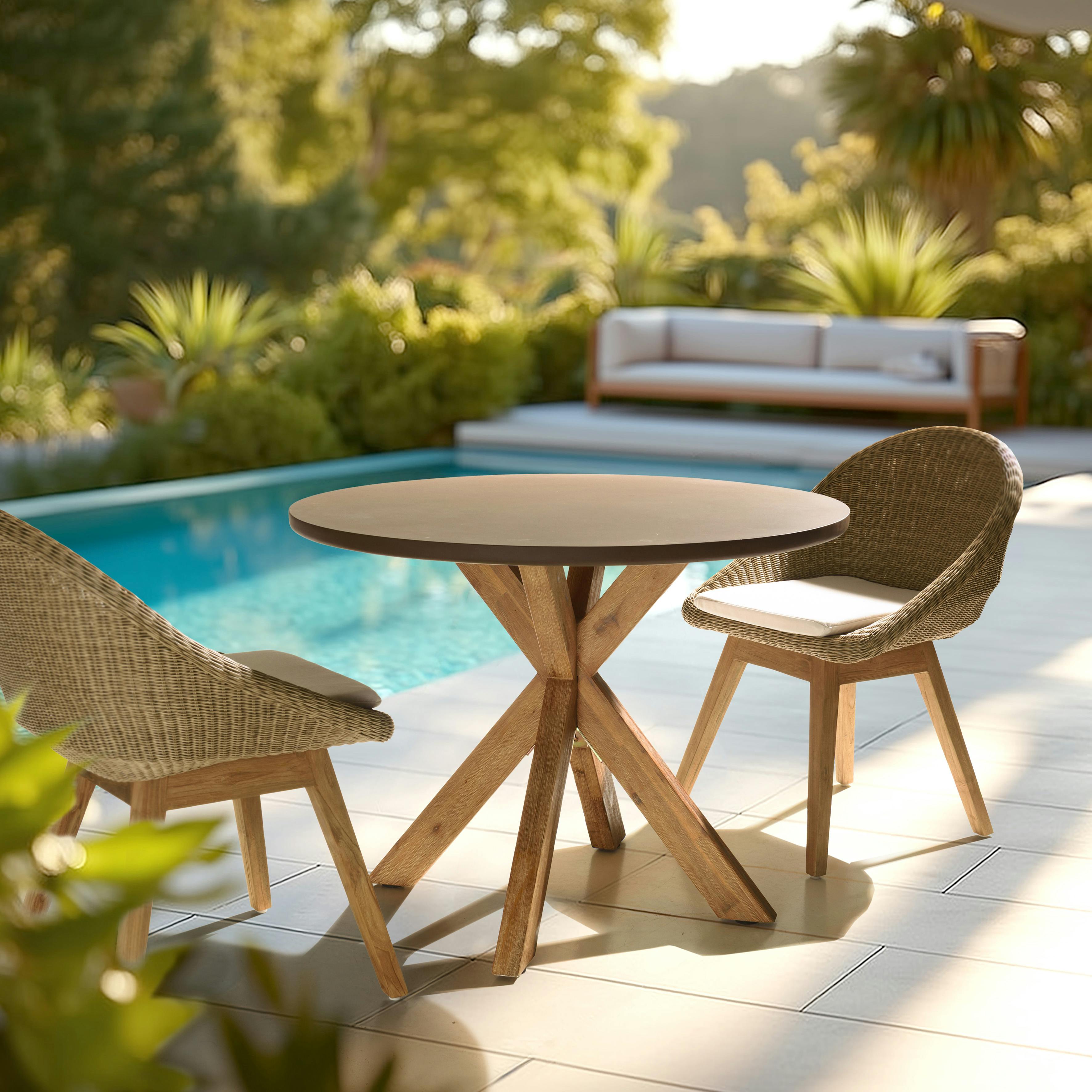 Table à manger ronde effet béton marron pied en bois d'acacia D100cm CALVI