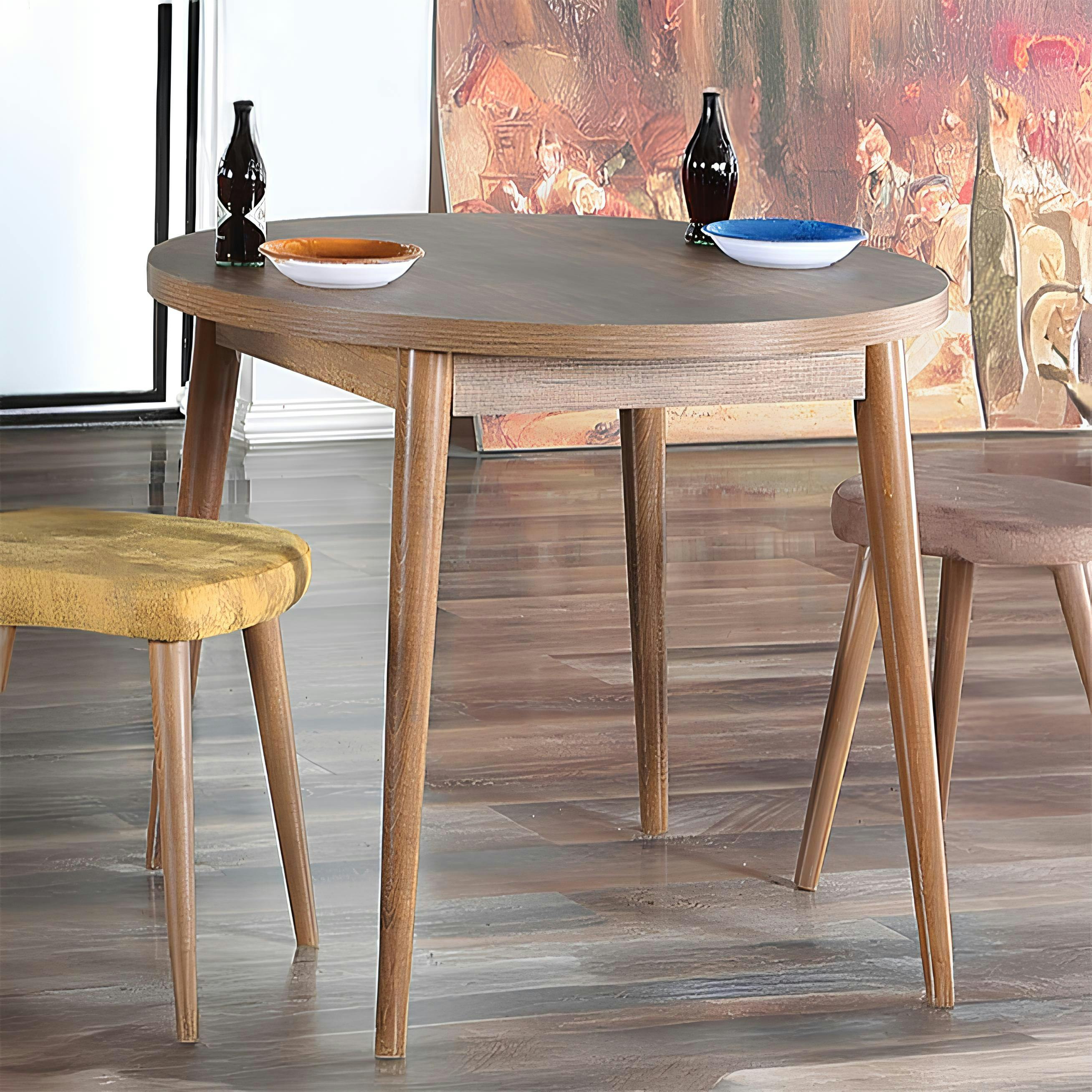 Table à manger ronde effet bois de noyer clair Ø90 cm MARFA