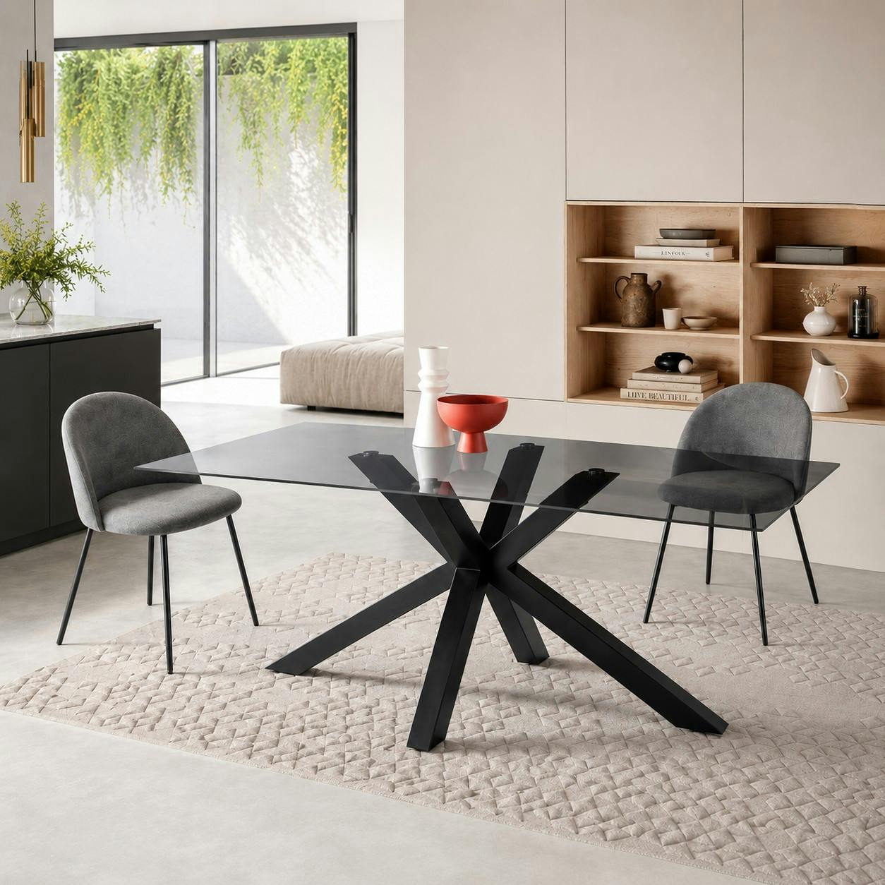 Table à manger verre fumé pied central 180 cm ALBA