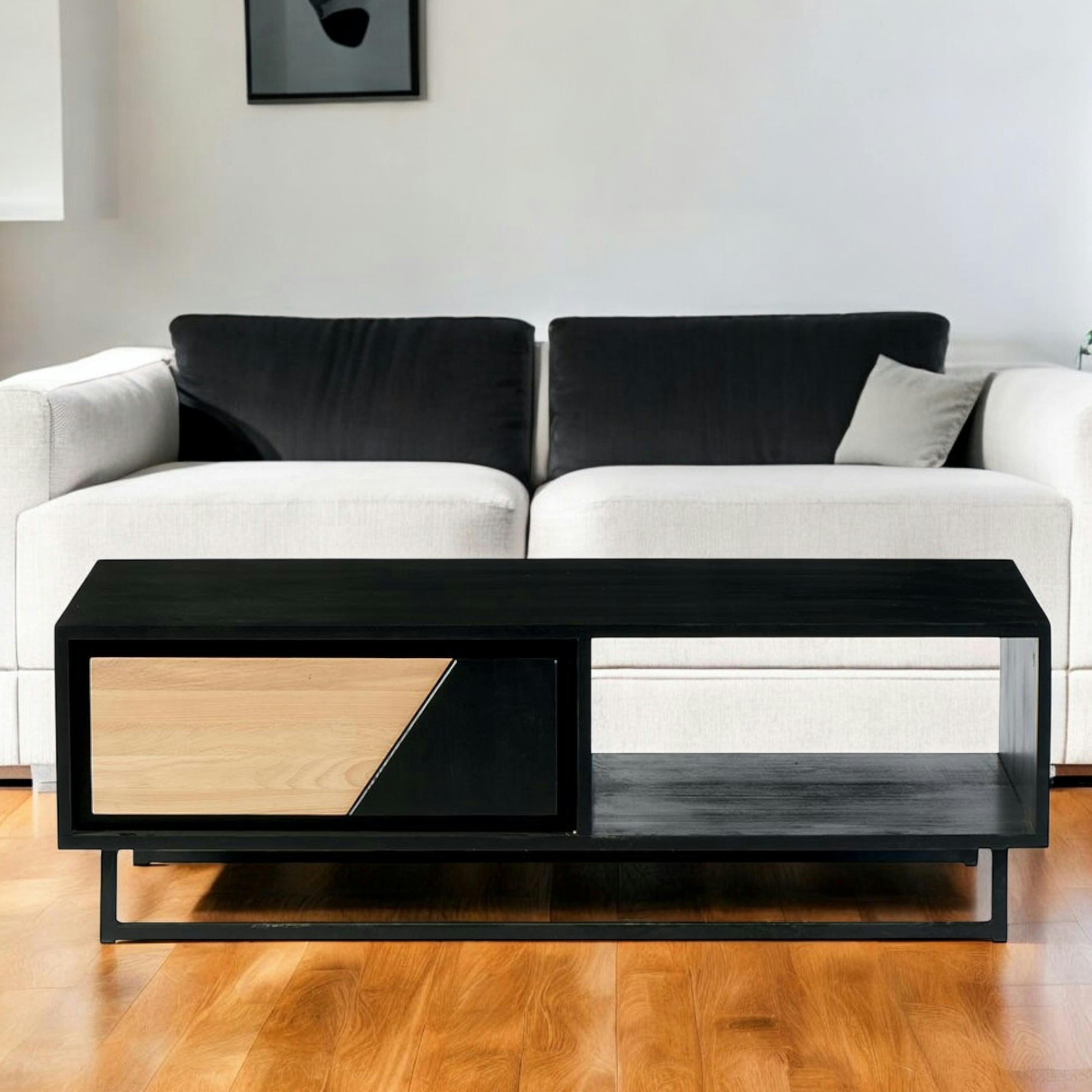 Table basse 1 tiroir 1 niche bois noir et blanc ANINA