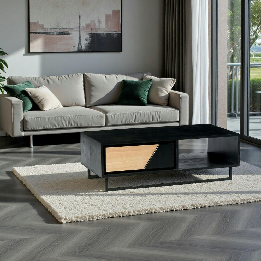 Table basse 1 tiroir 1 niche bois noir et blanc ANINA