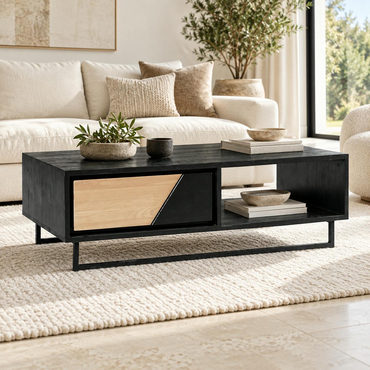 Table basse 1 tiroir 1 niche bois noir et blanc ANINA