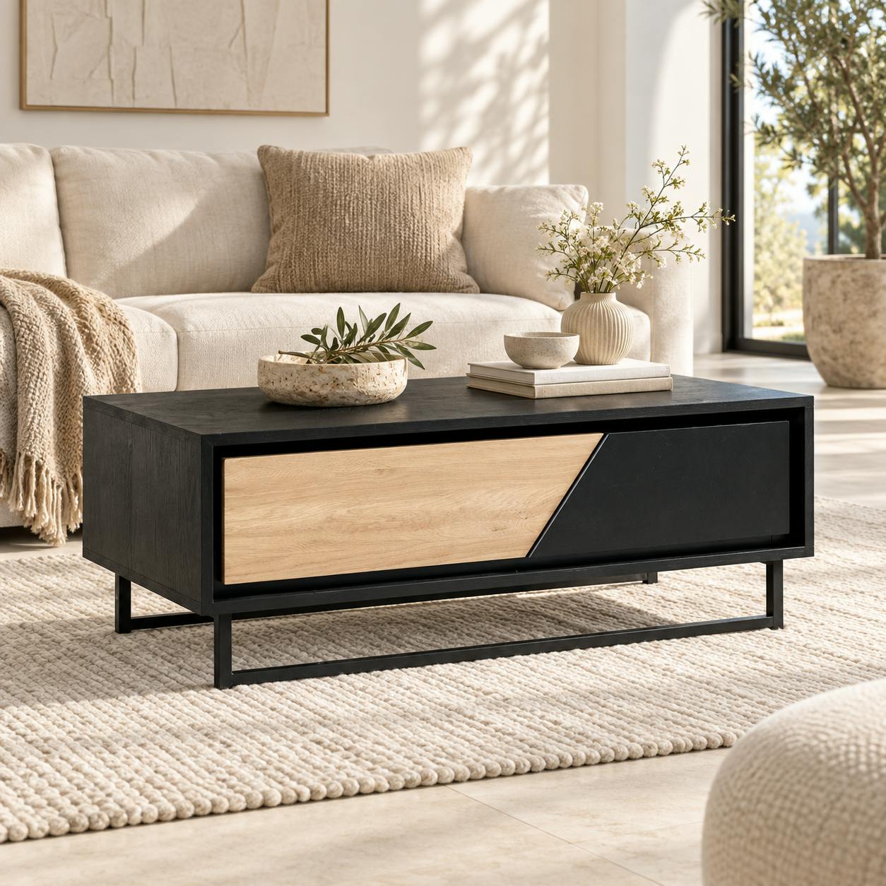 Table basse 1 tiroir bois noir et blanc ANINA