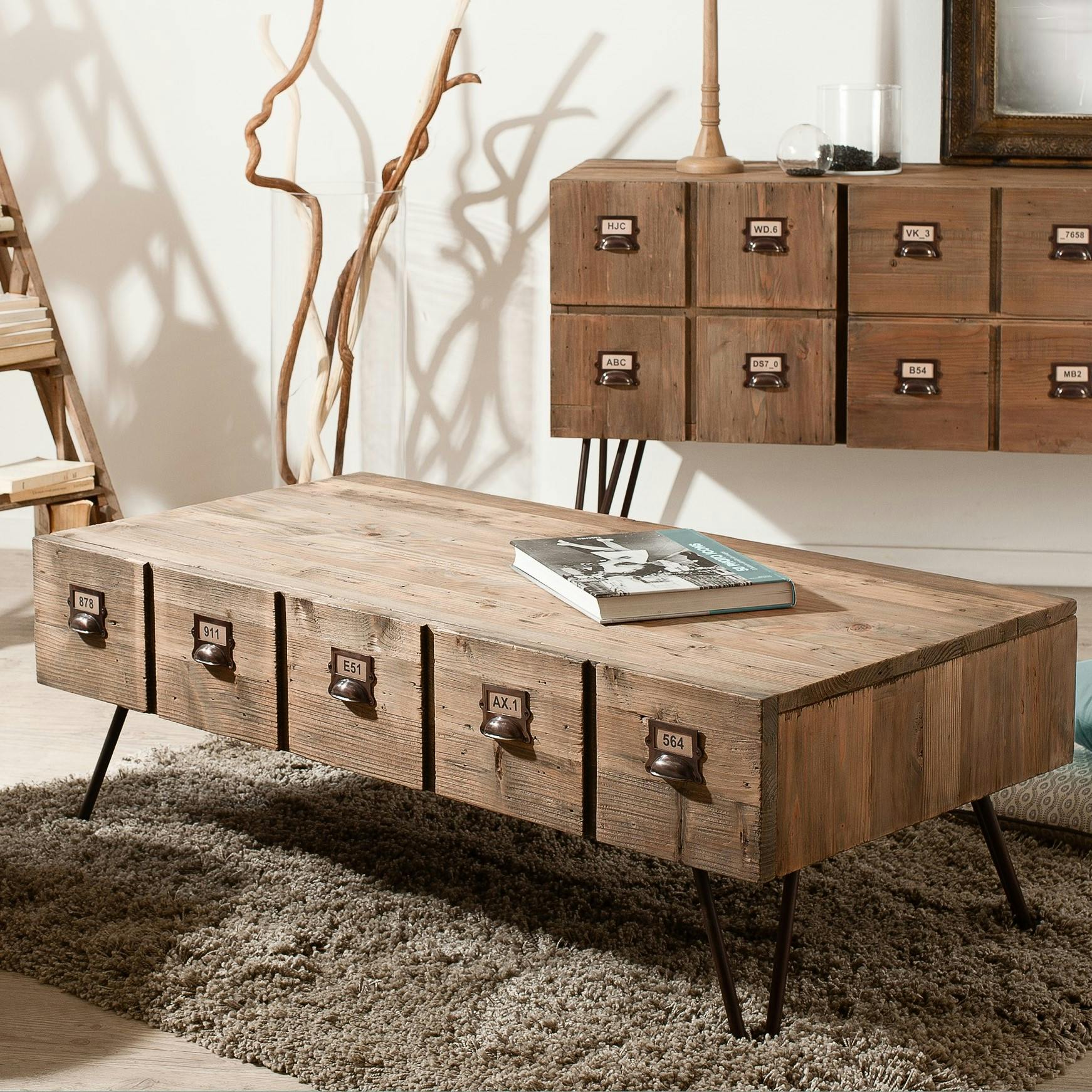 Table basse 1 tiroir pin recyclé 120,5x60,3x43,5cm ATELIER